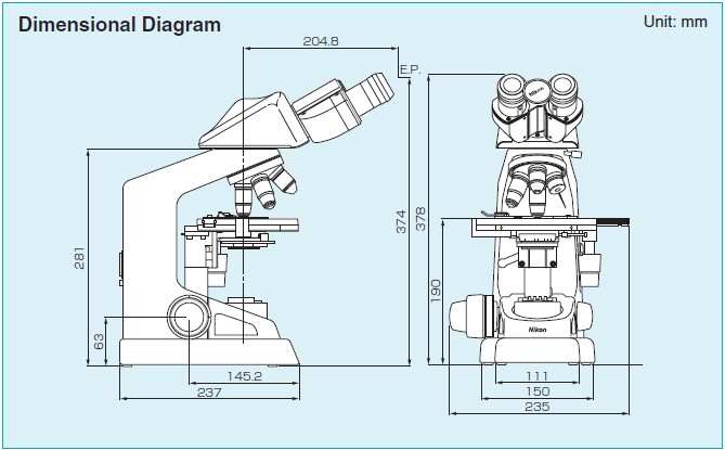尼康Eclipse E100生物显微镜外观尺寸图